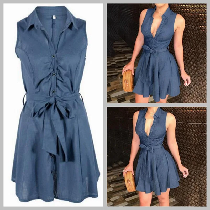 

Hot Selling WOMEN'S Dress Europe And America-Fold-down Collar Half-Open Skirt Corset Sleeveless Denim Blue Dress Ba0491