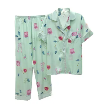 

Fiklyc Summer Thin Female Ice Silk Short Sleeve Trousers Suit Cardigan Home Service Imitation Silk Casual Fashion Pajama