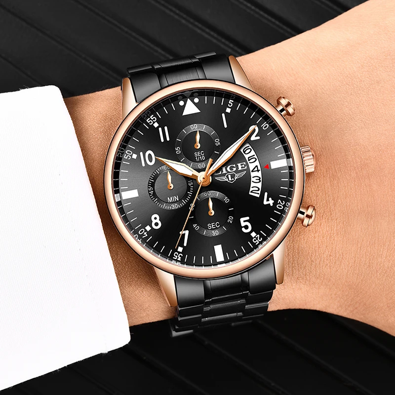 2020LIGE New Mens Watches Top Brand Luxury Sport Chronograph Stainless Steel Waterproof Quartz Clock Watch Men Relogio Masculino