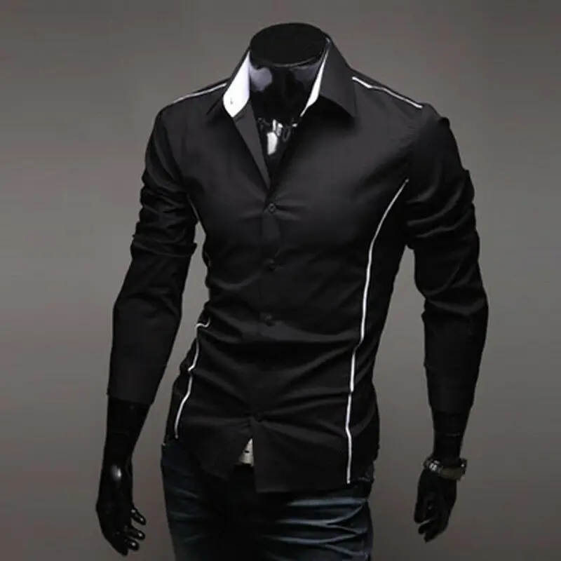 New Fashion Men Slim Fit Dress Shirt Button Down Casual Long Sleeve Regular Gentleman Top Shirts Black White Gray