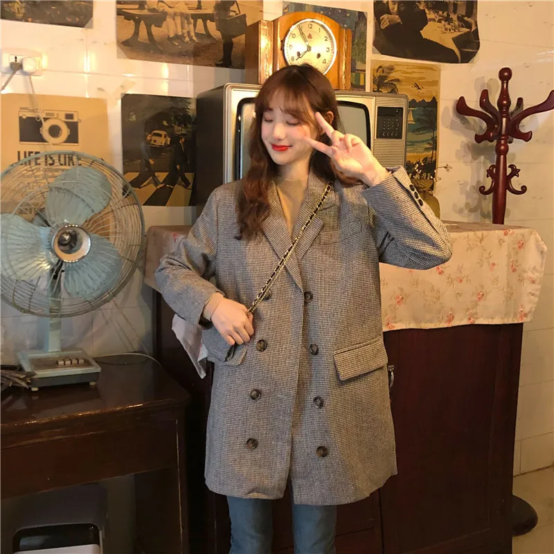 

Photo Shoot Autumn Clothing 2019 New Style-Style Loose-Fit Mid-length Elegant Small Check Double Breasted Long Sleeve Suit Jacke