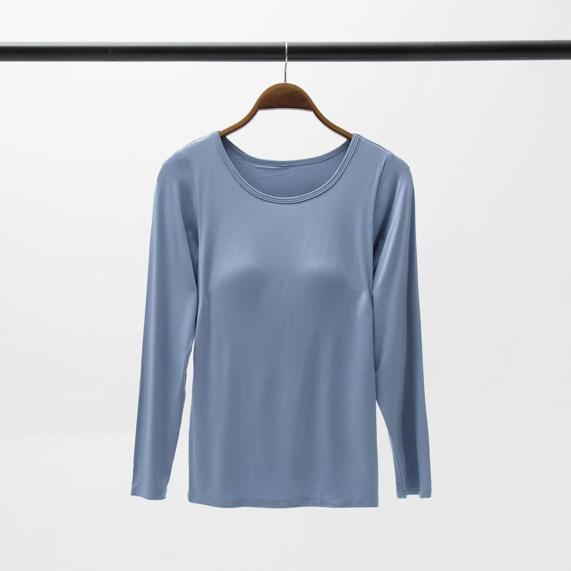 Long-Sleeved Sleep Tops Modal Women Bra Cup One-Piece Pajamas Underwear M-3XL