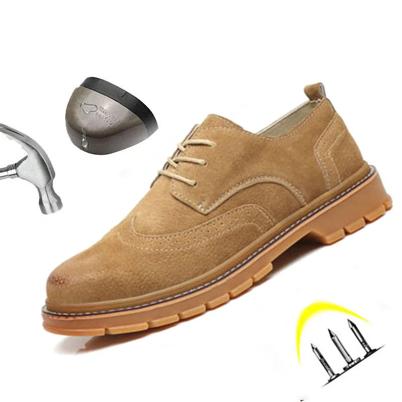 

Safety Shoes Men Soft Genuine Leather Lace Up Steel Toe Anti Smashing Puncture-resistant Indestructible Work Boots Welding Shoes