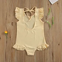 Toddlers Baby Summer Swimwear, Solid Color O-Neck Ruffle Sleeve Lacing Backless Swimsuit for Little Girls, 1-6 Years 3