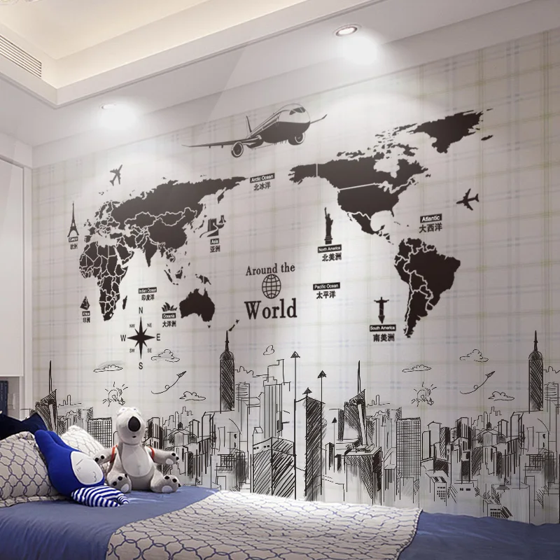 

[SHIJUEHEZI] World Map Wall Stickers PVC Material DIY Buildings Mural Decals for Living Room Company School Office Decoration