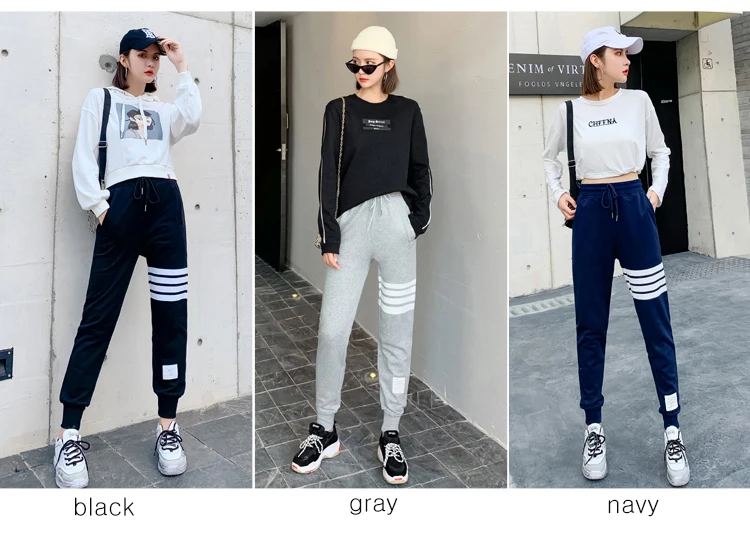 BIVIGAOS Four Bars Cotton Gray Sport Pants Women New Korean Casual Sweatpants Slim Joggers Pants Spring Autumn Sweat Pants