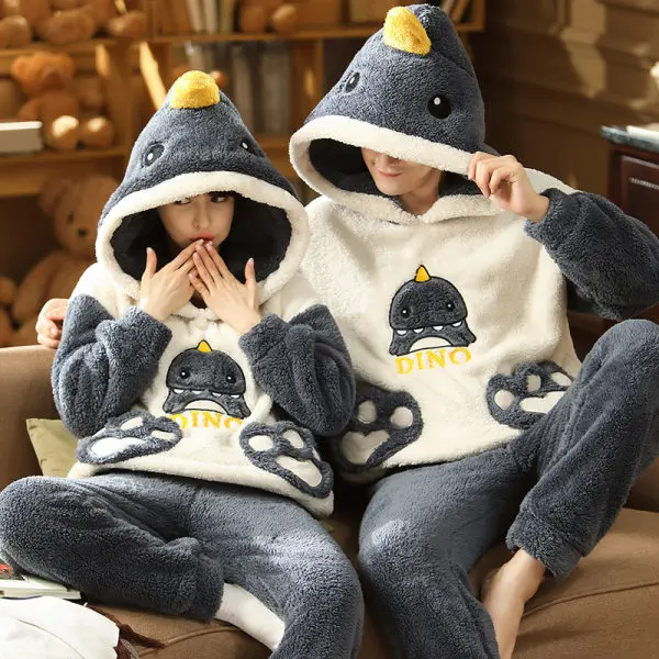 mens cotton pajama sets Couple Pajamas Winter Thick Warm Hood Set Sleepwear 2021 New Unisex Women Girls Flannel Cartoon Velvet Sweatshirt Home Clothes mens pjs