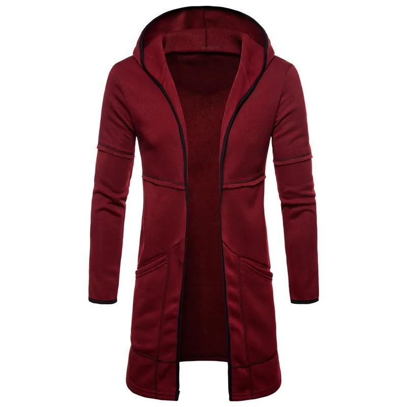Повседневное мужское Модное теплое пальто с капюшоном, однотонный длинный рукав, длина до колена, Тренч, толстовки, негабаритный длинный кардиган, пальто - Цвет: Бургундия
