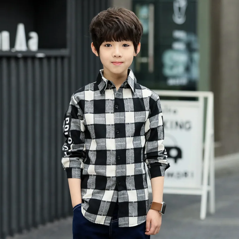BOY'S Shirt Spring Clothing New Style Children Mid-length Printed Plaid Shirt Big Boy Base Shirt Fashion