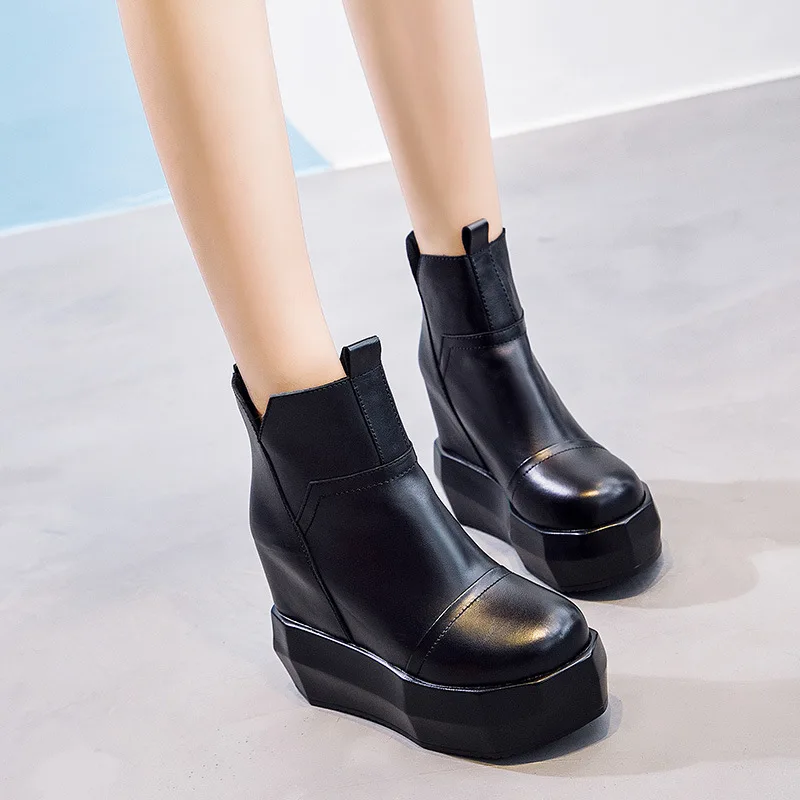 

Women's Martin Boots Genuine Leather 2019 Autumn And Winter New Style Europe And America round-Toe Platform Heel Side Zipper Ult