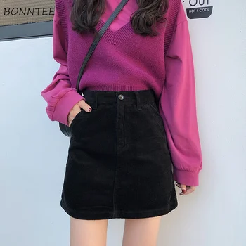 

Mini Skirt Women Winter Solid Black Korean Style Fashionable Casual All Match Corduroy High Waist Skirts Womens Button Vintage