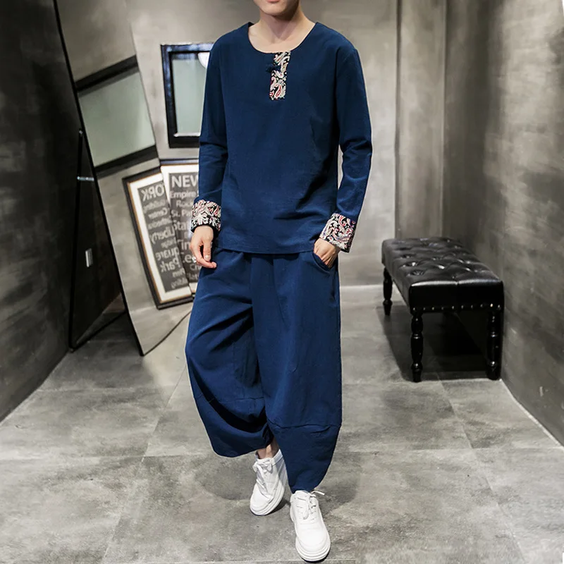 

2019 Autumn New Style Contrast Color hua ya ma Loose And Plus-sized Long-sleeve Suit Crew Neck Frog Harem Pants Collocation Set