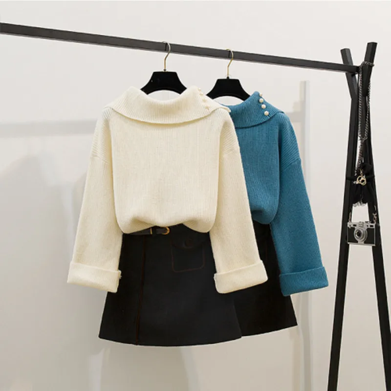 

High Quality High Collar Autumn Winter 2 Piece Set Women Fashion Thickening Knitting Sweater Top+Woollen Mini Short Skirt Set