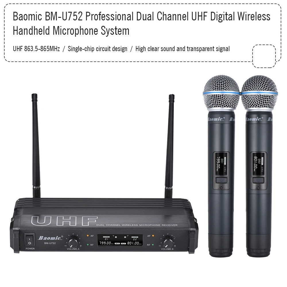 Baomic B M-U752 Профессиональный Двухканальный UHF Цифровой беспроводной ручной микрофон Система 2 микрофона и 1 приемник для караоке Вечерние