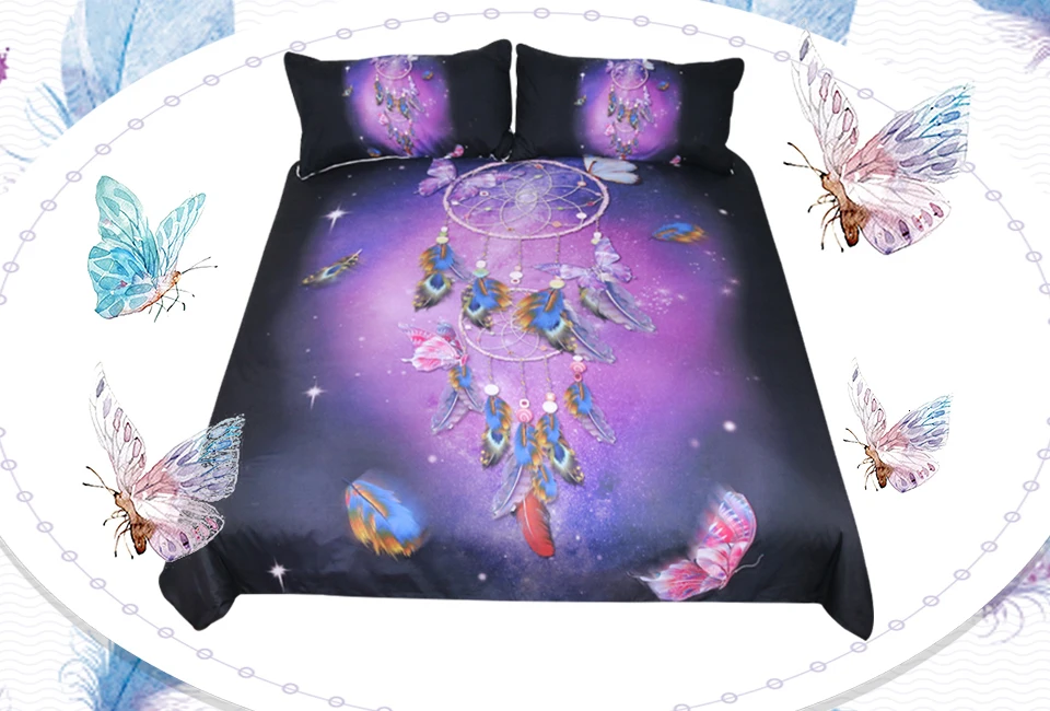 Постельные принадлежности, Комплект постельного белья с изображением Ловца снов, романтичный фиолетовый пододеяльник, постельное белье с изображением бабочки, постельное белье с перьями, 3 шт