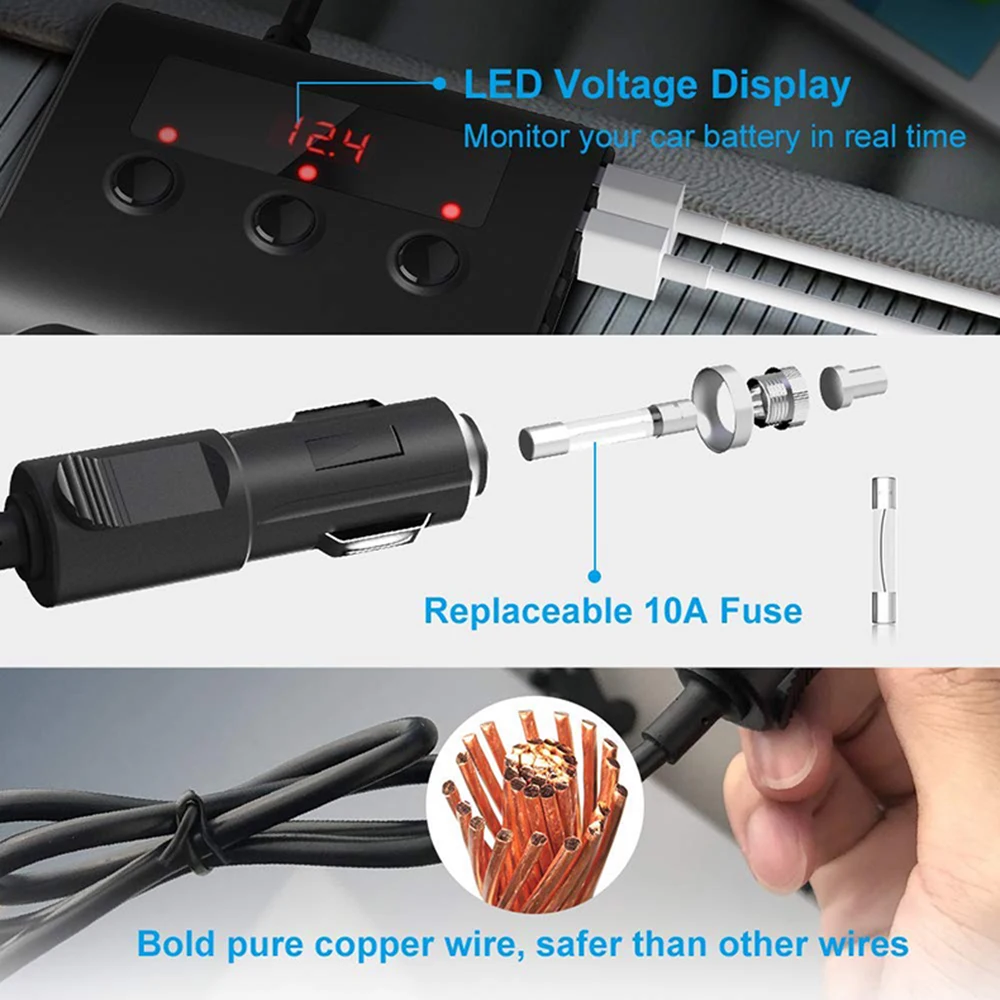 Kebdumei 8.5A 4 Usb Ʈ ڵ    3.0   , 120W 12V/24V 3   й Dc ܼƮ