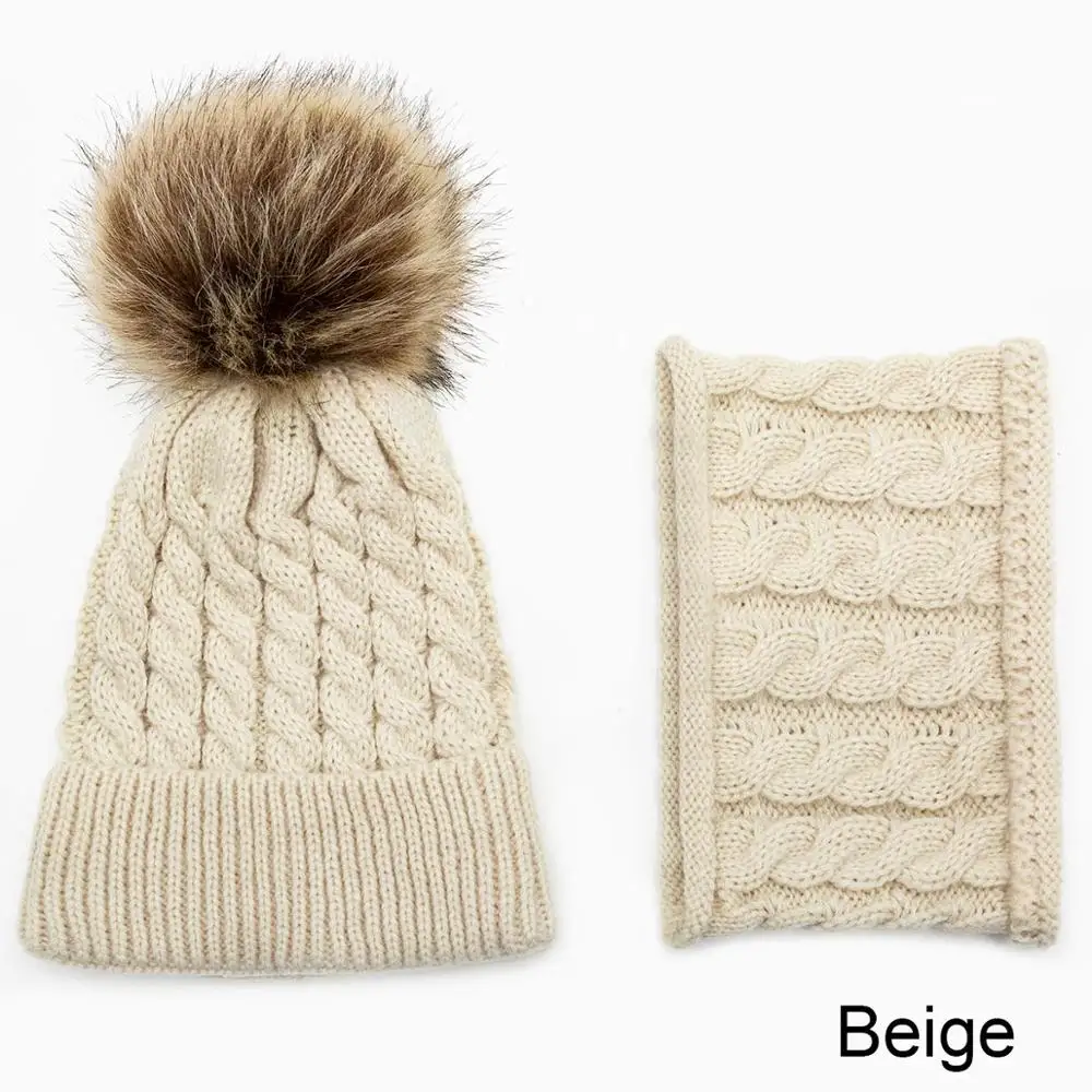 beige Зимняя шапка набор для шапка Девочки Мальчики шарф набор зима теплый мех мяч шапки шарф дети вязаная шапка теплый комплект 0-2 лет - Цвет: beige