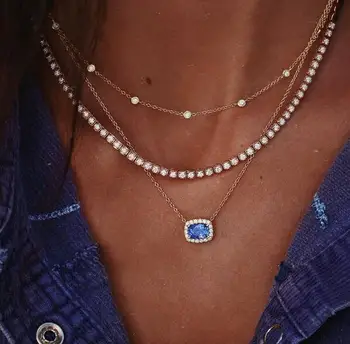 

Trendy Women Blue Crystal Pendant Zircon Necklace Round Bead Clavicle Chain Bohemian Charm Beach Necklace Party Jewelry