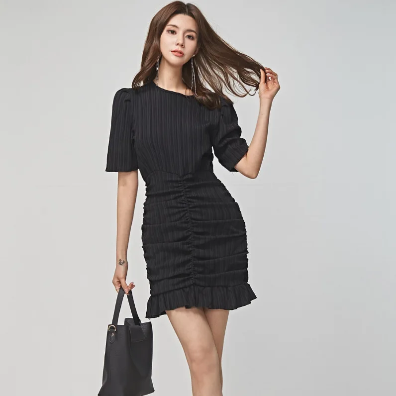 

2019 Summer New Style Pleated Flounced Short Skirt Women's Short-height Slim Fit High-waisted Sheath Base Dress