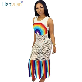 

HAOYUAN Sexy Crochet See Through Summer Holiday Beach Dress Women Plus Size Clother Elegant Rainbow Tassel Bodycon Maxi Dresses