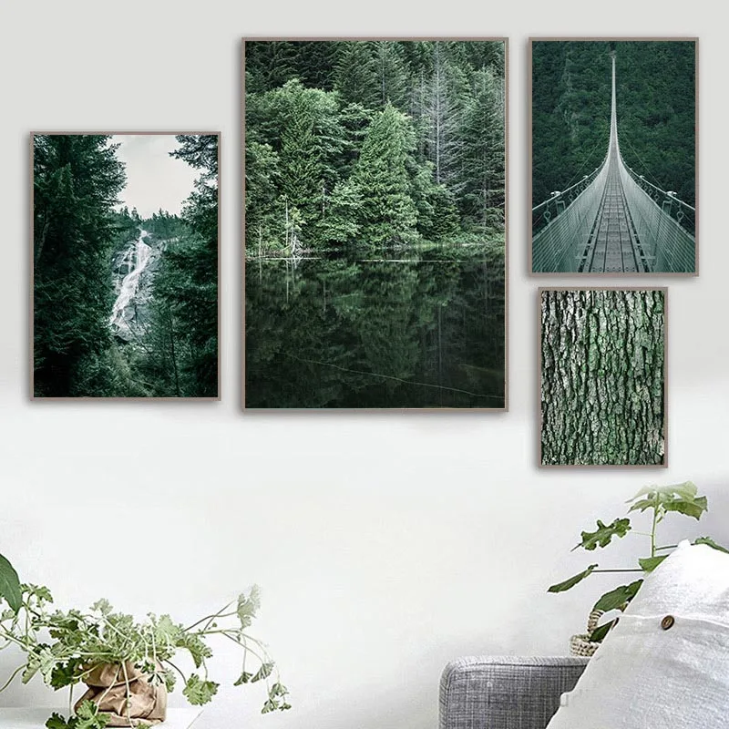 Лесной водопад мост пейзаж картина фотография природный холст Настенная