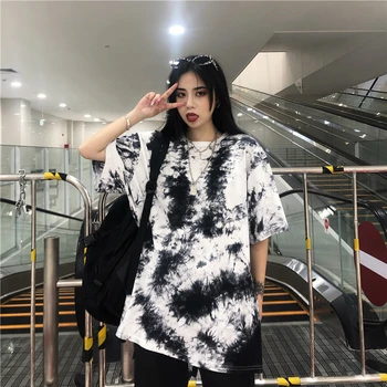 

Harajuku Short-Sleeved Female Summer T-Shirt Hip-Hop Gradient Tie-Dye Loose Tee Thirt Mid-Length Korean Casual Tshirt