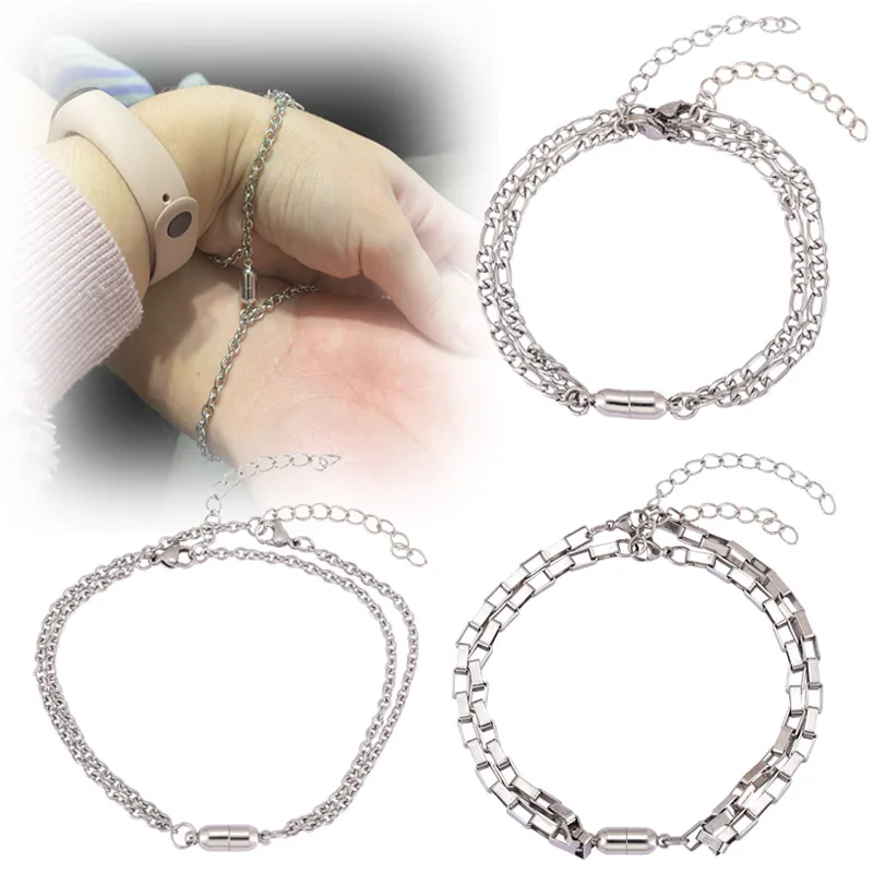 2Pcs/Set Steel O-Shaped Magnet Bracelet for Couples Stainless Steel Charm Attractive Men and Women Valentine’Day New Year Gifts