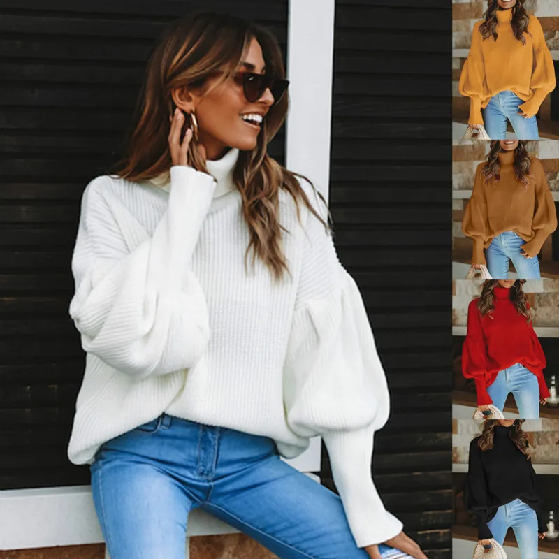 

2019 New Women Sweaters Turtleneck Puff Sleeve Women Pullovers White Lantern Sleeve Solid Color American European Style S to XL
