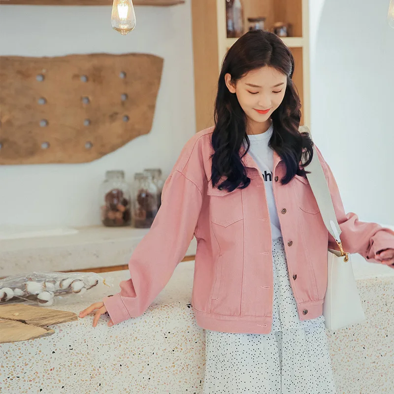 

2019 Autumn Chapter Ronon New Style Casual Hong Kong Style Loose-Fit Short Coat Female Pink Jeans Coat Photo Shoot