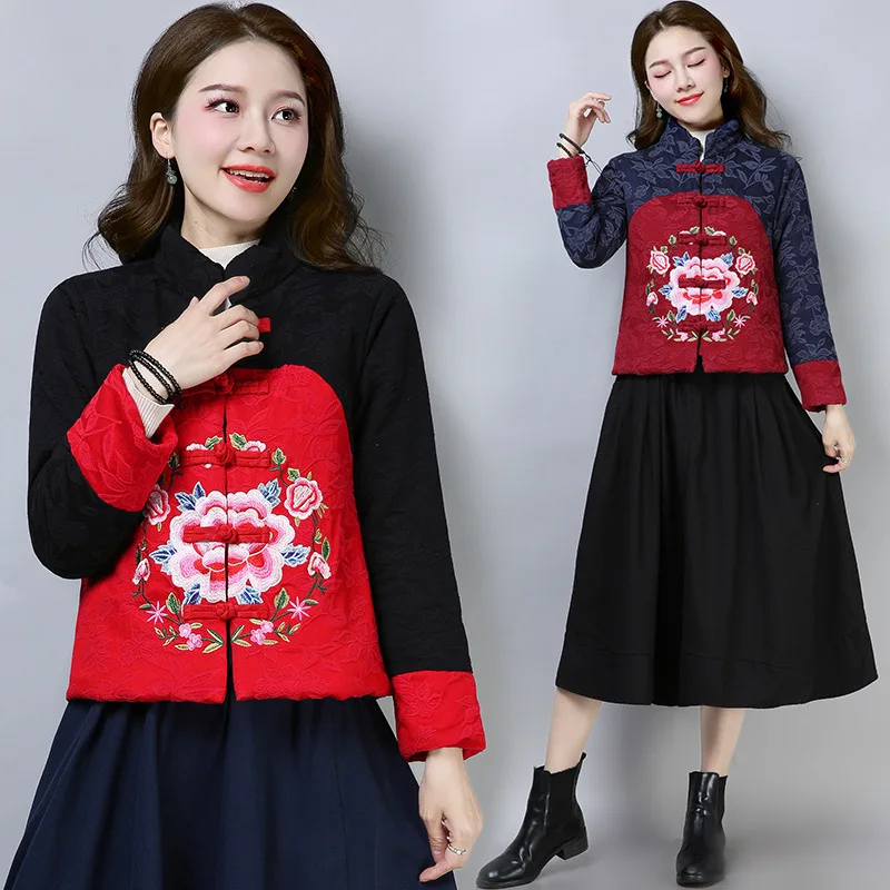 

National Wind Retro Cotton Linen WOMEN'S Dress Embroidered Jacquard Frog Dissection Has in Cotton-padded Clothes