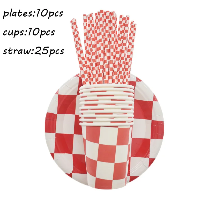 45pcs set Одноразовые столовые приборы в красно-белую клетку, вечерние принадлежности, бумажный лоток, бумажный стаканчик, рождественские принадлежности, Детские вечерние подарки на день рождения - Цвет: 45pcs set