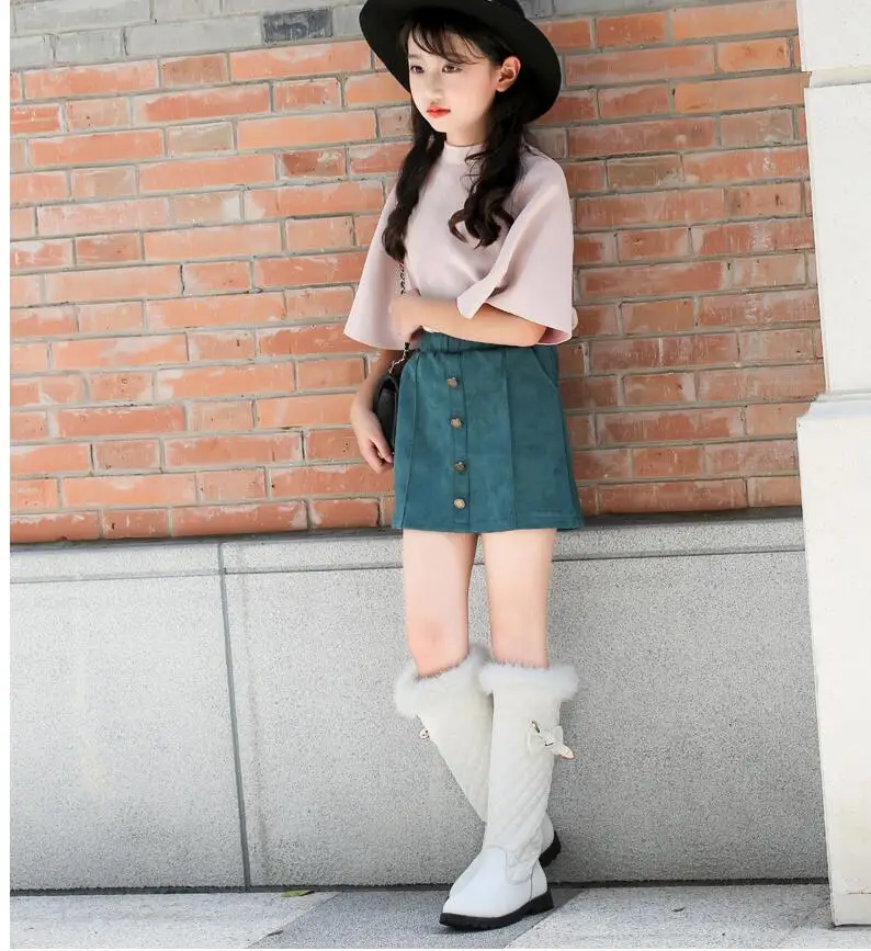 Children boots girls genuine leather boots winter fashion knee-high martin boots plus velvet warm rabbit fur kids princess shoes