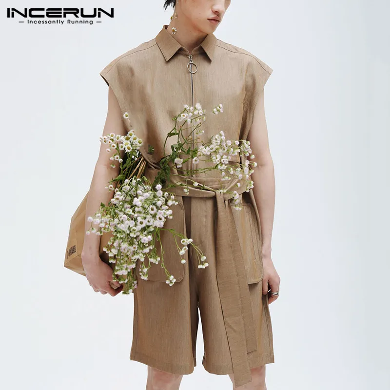 INCERUN Fashion Men Rompers Sleeveless 2020 Solid Zipper Lapel Pockets Overalls Shorts Chic Personality Men Jumpsuit Streetwear INCERUN Fashion Men Rompers Sleeveless 2020 Solid Zipper Lapel Pockets Overalls Shorts Chic Personality Men Jumpsuit Streetwear