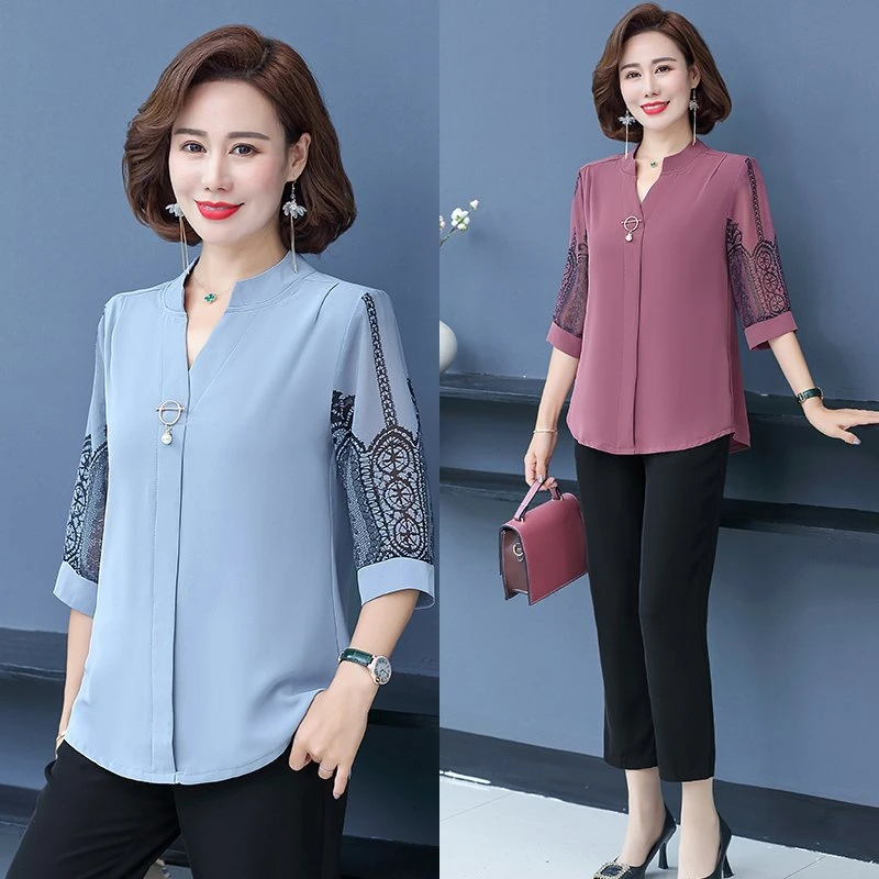 Camisas coreanas para mujer, blusas gasa para oficina, blusas elegantes con cuello en V y manga 3/4|Blusa| - AliExpress