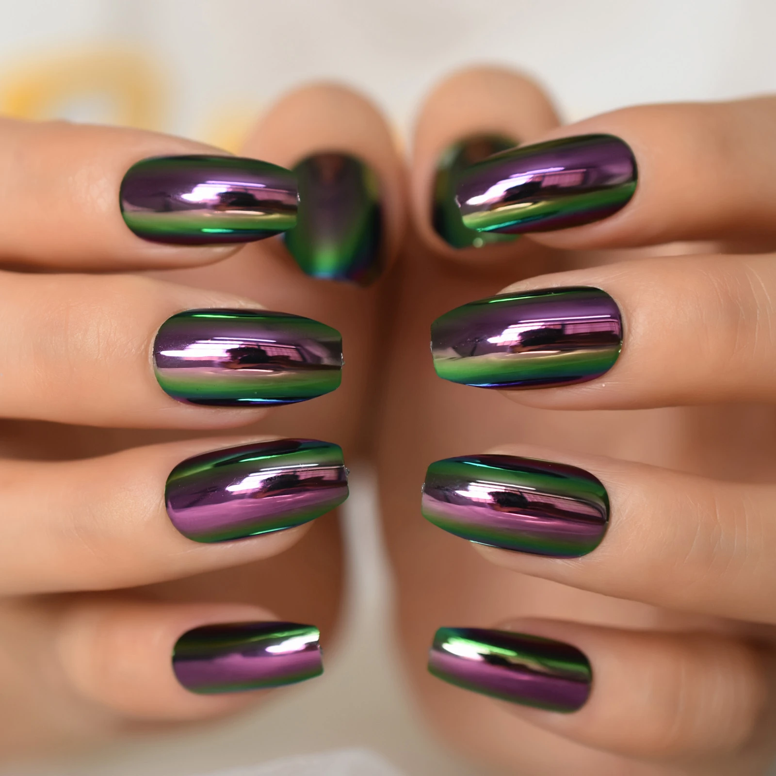 Short Midi Coffin Nails Chrome Mirror Fake Nails Set Metallic Press On Nails  Medium Length Bead Luster Shiny Rainbow Nail Tips|False Nails| - AliExpress