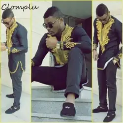 Clomplu длинные Дашики для мужчин модный стиль Золотой принт африканская одежда рубашки v образным вырезом черный