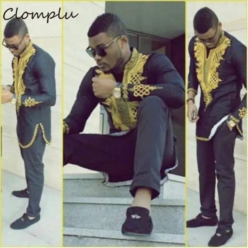 

Clomplu Long Dashiki Men Fashion Style Golden Printed African Clothes African Clothing Shirts v Neck Black