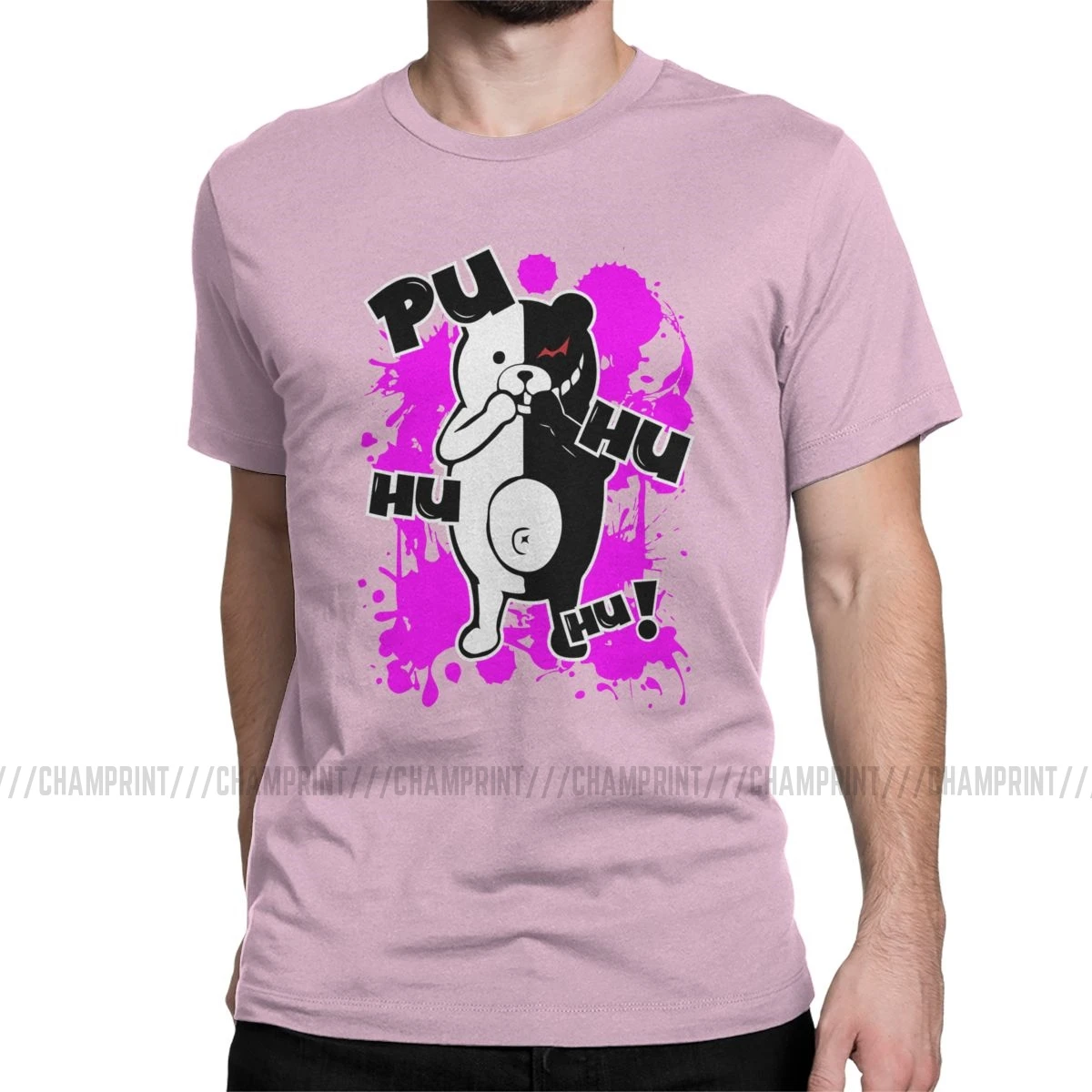Monokuma Danganronpa мужские футболки, Винтажная футболка с коротким рукавом и круглым вырезом, футболки из чистого хлопка, летняя одежда - Цвет: Розовый