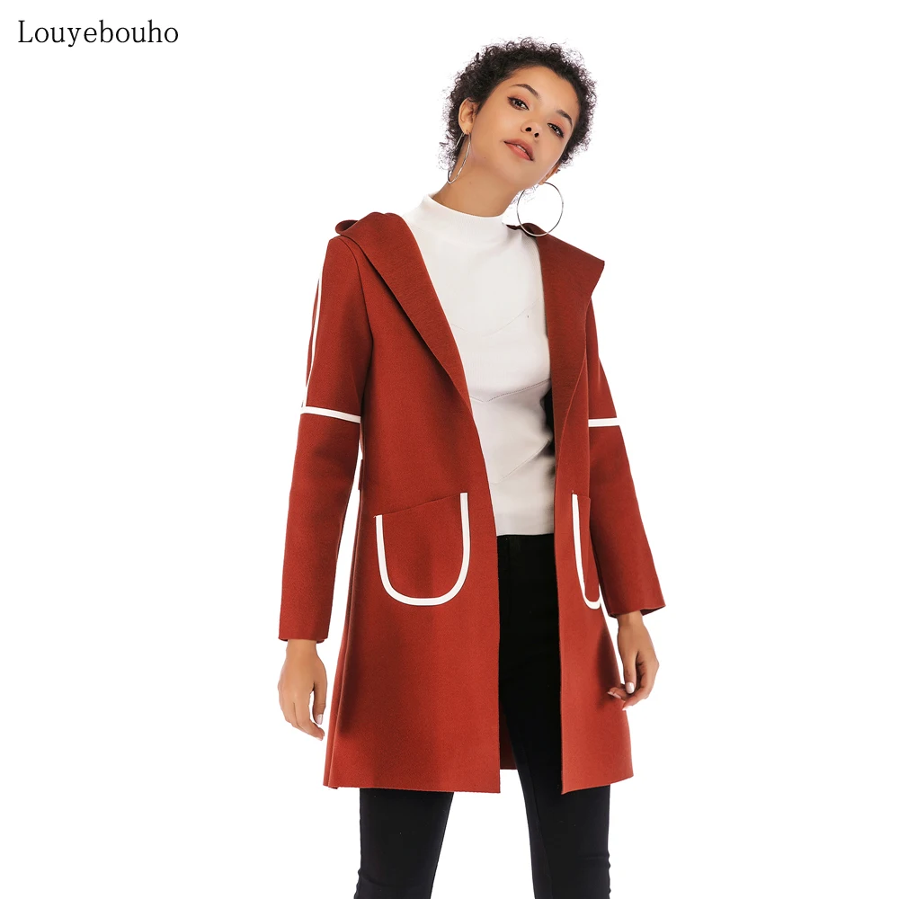 

2019 Women Hooded Wool Outwear Coat Autumn Fall Winter Ladies Warm Thicken Long Outerwear Casual Office Pockets Overcoat Jacket