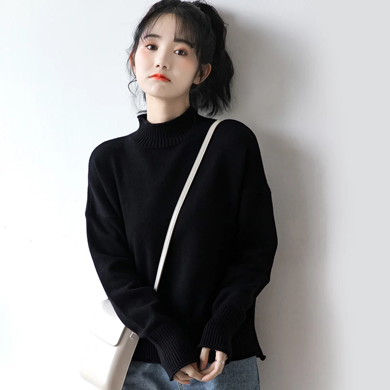 

2020 Autumn and Winter new black half-high collar sweater women's winter thick base shirt joker loose knit top