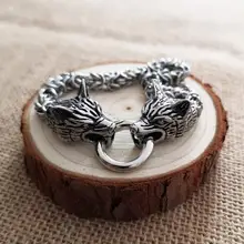 Скандинавский Викинг, браслет из нержавеющей стали с двойной волчьей головой, браслет из титановой стали, браслет-цепочка ручной работы, Панк ювелирные изделия