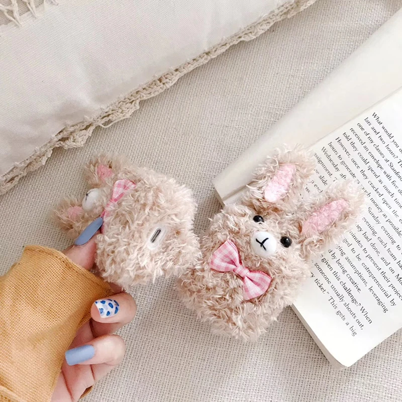 Luxury cute winter plush rabbit Cartoon Earphone Headset Accessories silicone case For Apple Airpods 1 2 Bluetooth cover