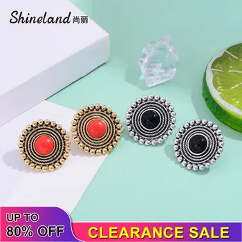 

Shineland Classic Vintage Resin Stone Charm Ethnic Round Stud Earrings Metal Ball Brincos For Women High Quality Clearance Sale