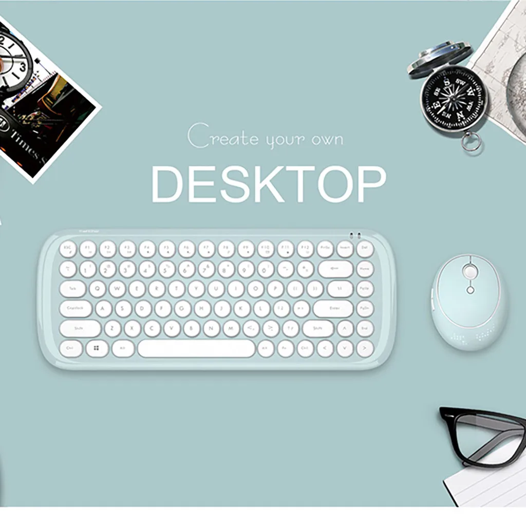 Wireless Keyboard Mouse Mini Candy Colored Frosted Round Punk Wireless Keyboard and Mouse Combo for Windows Laptop Notebook