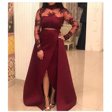 Вечернее платье с длинными рукавами, с высоким воротом, из кружева, с атласными разрезами, большие размеры, а-силуэт, длинные платья для выпускного Дубай, арабское вечернее платье