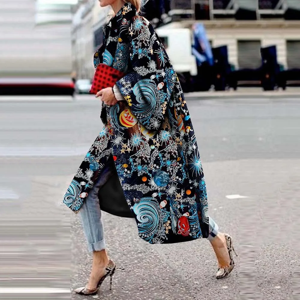 

Star Print Fashion Trench Coat Women Long Coats Fall Winter Plus Size Flare Sleeve Designer Boho Streetwear Casual Overcoat 2019