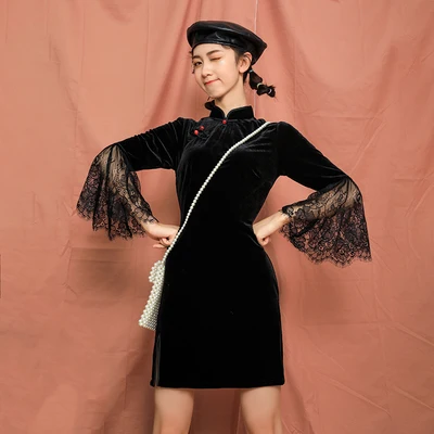 Photo Color SWEETXUE Осенняя мода ретро современный китайский стиль cheongsam платье бархат сшивание кружева черный сексуальный сплит женские платья Qipao - Цвет: Photo Color