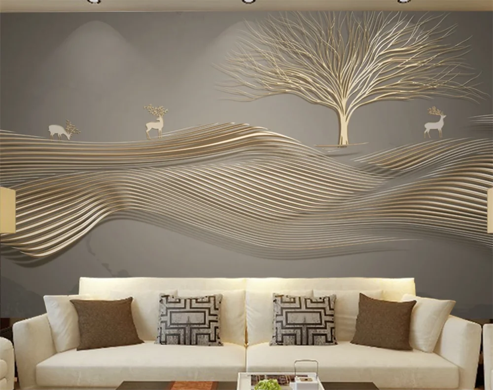 

Milofi customized 3D large wallpaper mural creative tree abstract line elk golden embossed line background wall