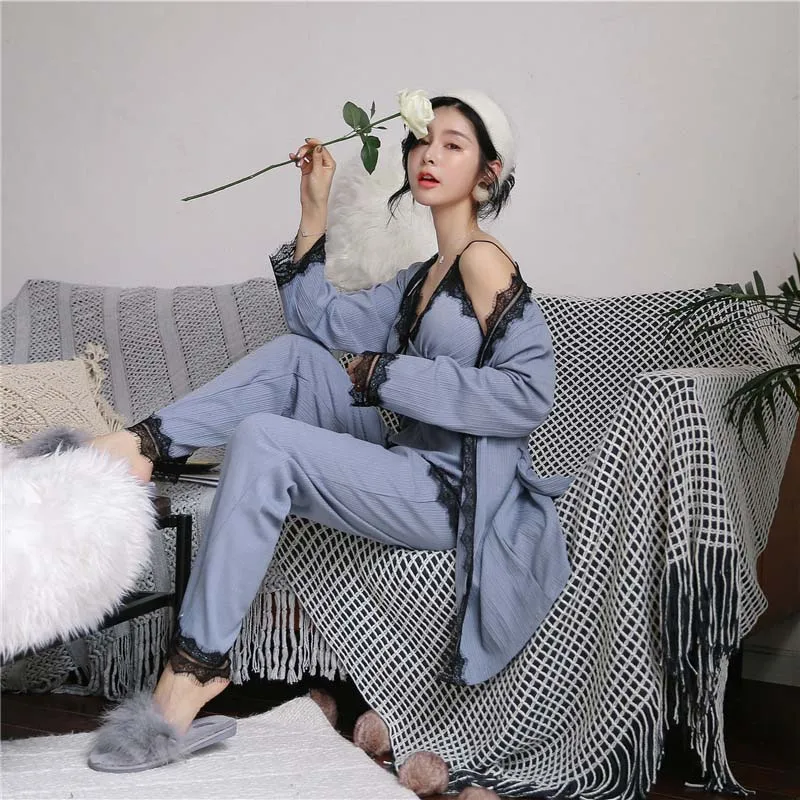 blue grey Зимняя теплая женская пижама, комплект сексуальных пижам, хлопоковый домашний комплект из 3 предметов, одежда для сна, кружевной домашний костюм, одежда для отдыха с v-образным вырезом, одежда для сна - Цвет: blue grey