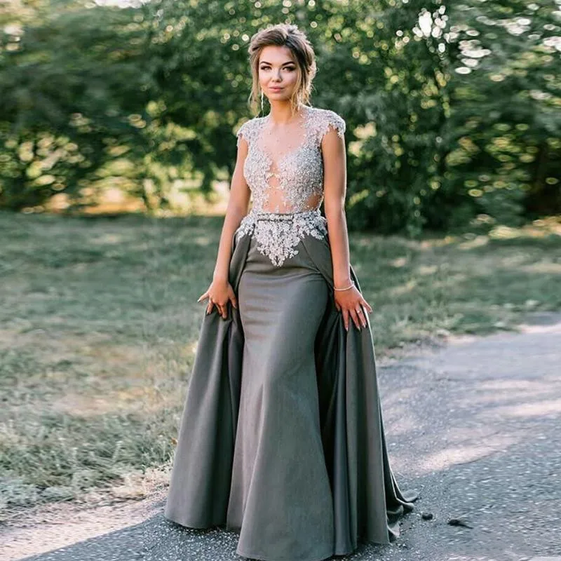 

Sexy Back Mermaid Evening Dresses with Detachable Train Cap Sleeve Bead Sequin Satin Celebrity Dress Overskirt Long Prom Gowns